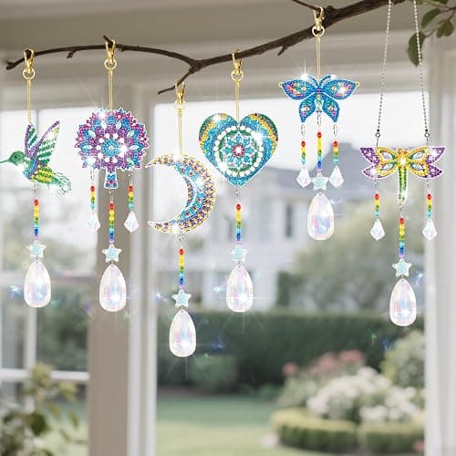 6 Pcs Diamonds Paintings Suncatcher, Double Sided 3D Diamonds Paintings Wind Chime Paint by Number, Diamond Paintings Hanging Ornaments for Adults Home Garden thumbnail 4
