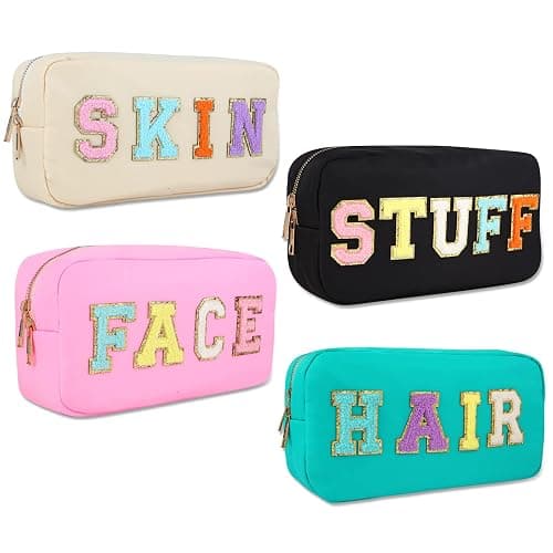 4PCS Nylon Zipper Waterproof Preppy Makeup Organizer Bag Set - Cosmetic Stuff Pouch for Women Travel Toiletry Organization Outdoor with Chenille Letter Patches - Image 1