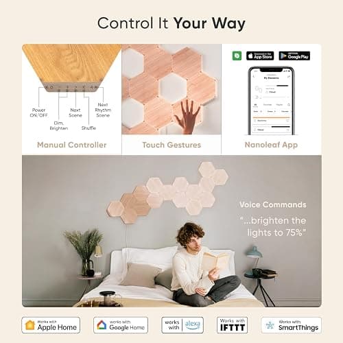Nanoleaf Elements Wood Look Smart Wall Lights, Hexagon LED Wall Lights Compatible with Alexa Google Assistant, Home Wall Decor for Living Room with Music Sync, Touch Control, Ambient Lighting, 7 PK thumbnail 8
