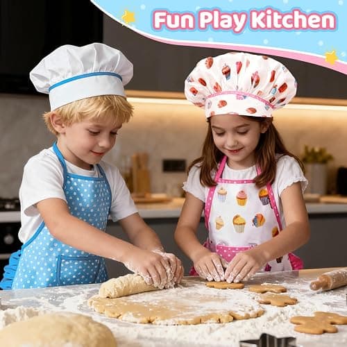 MEIDAYAI 2 Pcs Kid Apron and Chef Hat Set, Adjustable Childrens Cooking Baking Outfit, Pretend Play Dress Up Costume for Toddlers 3-8, Birthday Xmas Gift (White) thumbnail 5