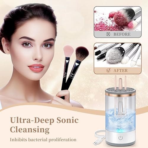 Electric Makeup Brush Cleaner, Quick Efficient Machine for Deep Cleaning All Types of Brushes, Portable Compact Design for Travel Home Use, for Makeup Lovers & Professionals - White thumbnail 3