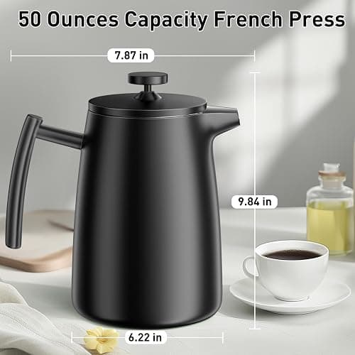 Secura 50oz French Press Coffee Maker – 304 Stainless Steel, Insulated Coffee Press with Extra Filter, Black thumbnail 7