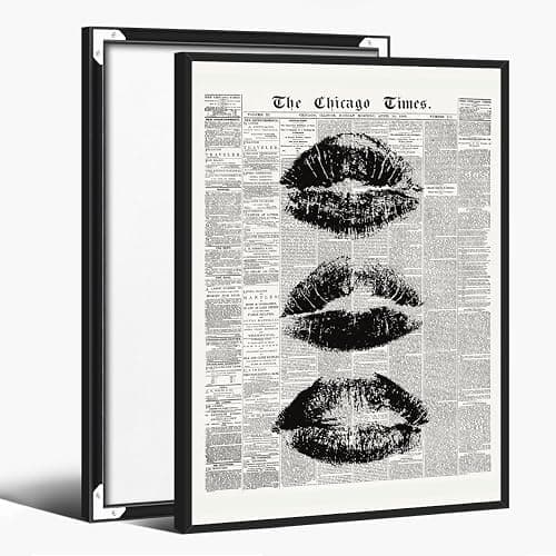 Trendy lips Wall Art Vintage Black And White Newspaper Kiss Posters Retro Canvas Prints Art Funky Girly preppy Apartment for y2k Room Decor Aesthetic 12x18inch black framed - Image 1