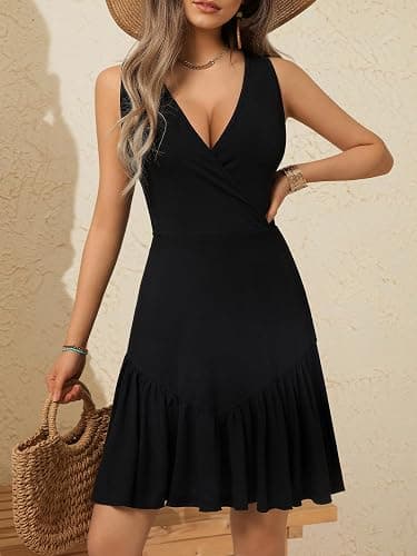 FENSACE Women's Summer Sleeveless Sexy Wrap V Neck Floral Sundress Mini Dress thumbnail 2