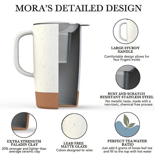 Mora Ceramics Large Tea Mug with Loose Leaf Infuser and Ceramic Lid, 18 oz, Portable, Microwave and Dishwasher Safe, Tall Coffee Cup - Rustic Matte Ceramic Glaze, Modern Herbal Tea Strainer, Cotton thumbnail 4