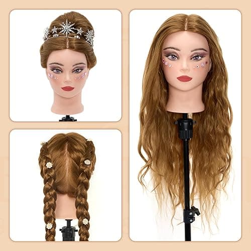 Mannequin Head with 60% Real Human Hair, 28 Inch Make up Cosmetology Manikin Practice Head with Hair,Braiding Hairdressing Doll Head for Hair Styling with Table Clamp + DIY Hair Styling Set - Blonde#27 thumbnail 7