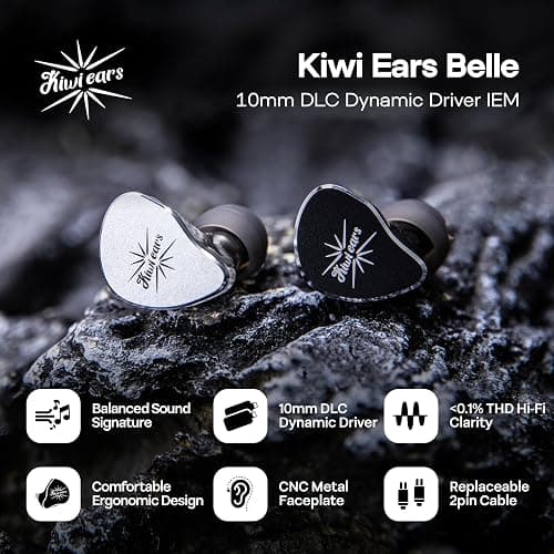 Linsoul Kiwi Ears Belle 10mm DLC Dynamic Driver in-Ear Monitor, HiFi Wired Earbuds with Dual Silver-Plated Cables, Professional IEM for Stage Performance/Gaming/Music Production (Without MIC, Silver) thumbnail 2