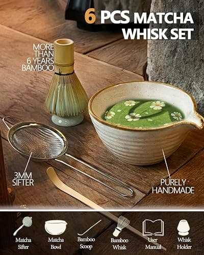 Vaiheng Matcha Whisk Set with Matcha Bowl, Matcha Whisk Holder Matcha Bamboo Whisks, Scoop, Sifter, Mothers Day Gifts for Women Mom Her Girl Friend Home Kitchen Decor Kit for Tea Enthusiasts thumbnail 2