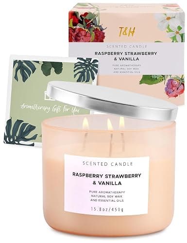Raspberry Strawberry Vanilla 3-Wick Scented Soy Candle 15.8 oz | Large Sweet Berry Vanilla Scented Candle for Home | Relaxing Aromatherapy Candle | Strong Throw & Long Lasting thumbnail 6