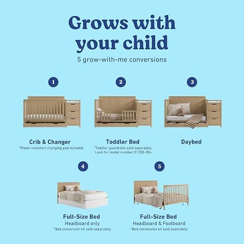 Graco Hadley 5-in-1 Convertible Crib & Changer, Driftwood | GREENGUARD Gold Certified, Fits Standard Crib Mattress, Converts to Toddler Bed and Full Bed, 4 Adjustable Mattress Heights thumbnail 4