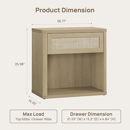 SICOTAS Night Stand Set of 2 26" Wide Large Nightstands with Drawer & Shelf Storage Rattan Bedside Table Boho End Table Tall Bed Side Tables Night Stands for Bedroom Living Room Sofa Office, Sand Oak thumbnail 3