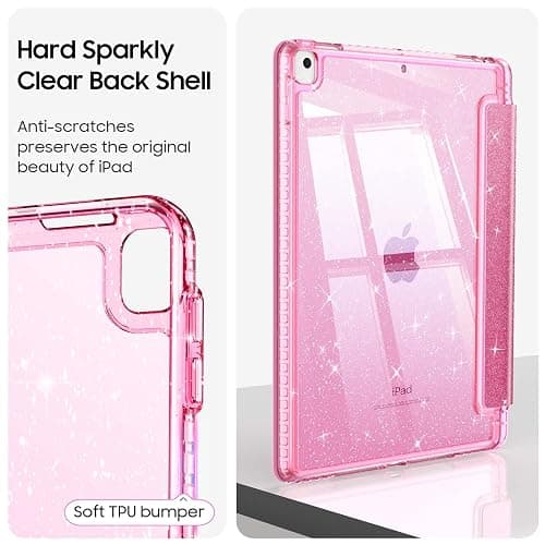 Fintie Slim Case for iPad 9th / 8th / 7th Generation (2021/2020 / 2019) 10.2 Inch - [Built-in Pencil Holder] Glittering Sparkly Shockproof Cover with Shiny Clear Back Shell, Auto Wake/Sleep, Pink - Pink thumbnail 5