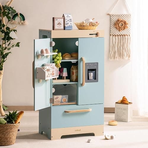 ROBUD Fridge Refrigerator with Ice Dispenser, Wooden Play Fridge Freezer Set for Kids, Toddler Kitchen Playset with Full Accessories Pretend Play Set, Gift for Boys & Girls, Age 3+ thumbnail 9