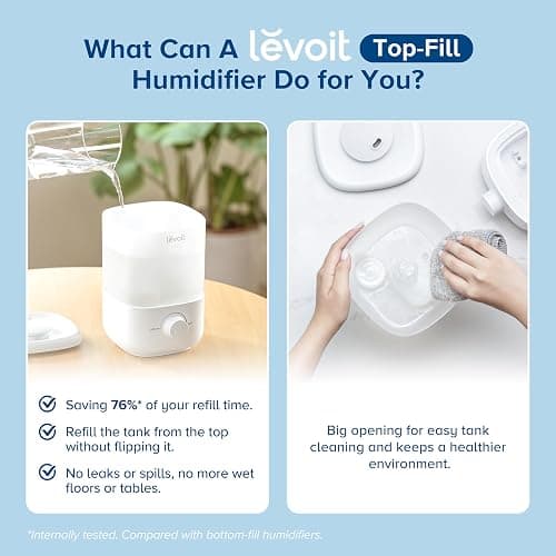 LEVOIT Top Fill Humidifiers for Bedroom, 2.5L Tank for Large Room, Easy to Fill & Clean, 26dB Quiet Cool Mist Air Humidifier for Home Baby Nursery & Plants, Auto Shut-off and BPA-Free for Safety, 25H thumbnail 3