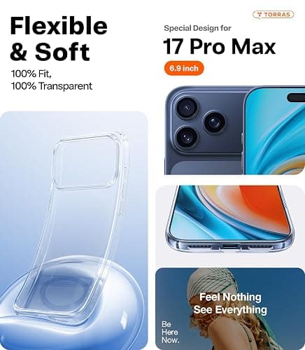 TORRAS for iPhone 17 Pro Max Case Crystal Clear, [Anti-Yellowing][Military-Grade Protection], Ultra Slim Transparent Anti-Scratch Back, Soft Bumper, Non-Slip 17 Pro Max Phone Case, Clear 6.9" thumbnail 9