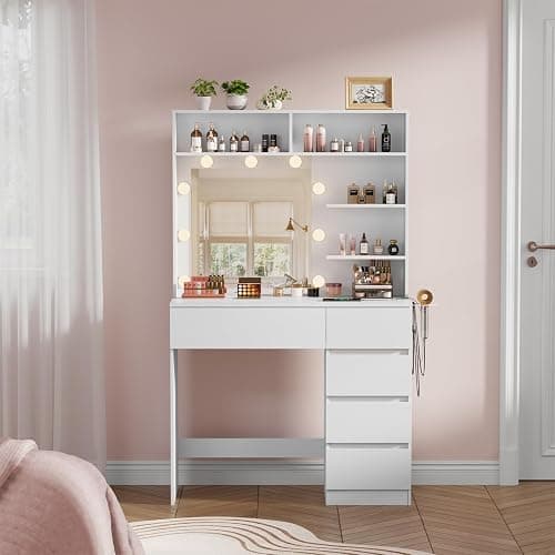 Draelibor Vanity Desk with Mirror, LED Lights and Power Outlet, Makeup Vanity Table with 5 Drawers, 3 Color Modes & Adjustable Brightness, Dressing Table for Bedroom, White thumbnail 2