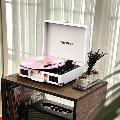 Vinyl Record Player with Built-in Speakers 3-Speed Vintage Record Player Bluetooth Portable Suitcase Turntable Belt-Driven LP Player Support RCA Output and Headphone Output (White Rose Gold) thumbnail 6