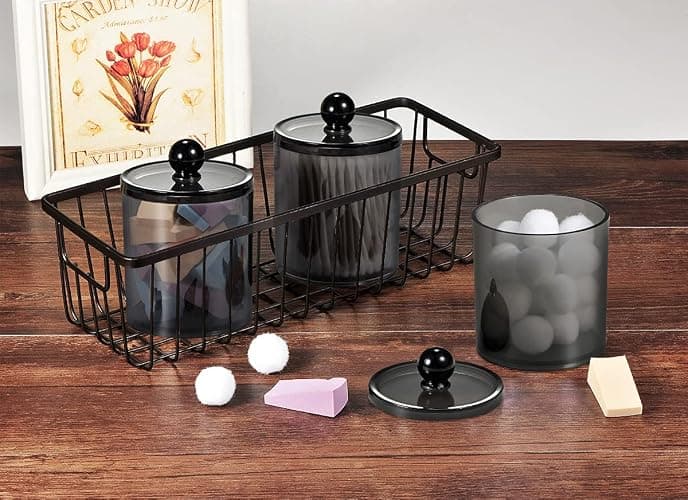 6 Pack Qtip Dispenser Apothecary Jars Bathroom with Labels - Qtip Holder Storage Canister Clear Plastic Acrylic Jar for Cotton Ball,Cotton Swab,Cotton Rounds,Floss Picks, Hair Clips (Black) thumbnail 7
