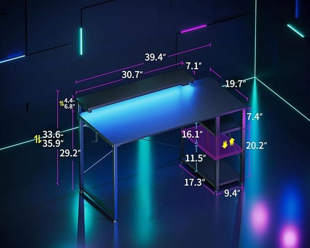 MOTPK 40 Inch Small Gaming Desk with Storage & Led Lights, Computer Desk with Shelf, Reversible Gamer Desk with Adjustable Monitor Stand, Carbon Fiber Texture Black thumbnail 3