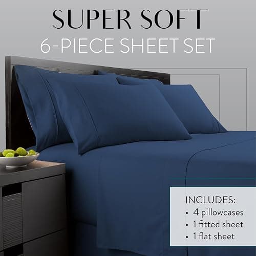 Danjor Linens Bed Sheet Set Full Size for Teens, Hotel Premium Sheets with 4 Pillowcases, Lightweight Brushed Microfiber Deep Pockets, Breathable Cooling 6 Piece Bedding Sets, Navy | Hotel Quality, Breathable, Cooling, Deep Pockets, Wrinkle Free, Machine Washable, 4 Pillowcases, Bed Sheet thumbnail 2