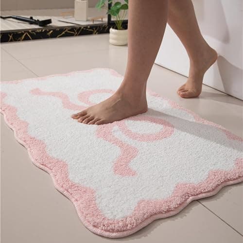 Alwoligag Pink Scalloped Bathroom Mat 26x18, Soft Absorbent Bath Mats, Machine Washable Microfiber Floor Mats for Bathroom Tubs, Sinks and Showers - Image 1