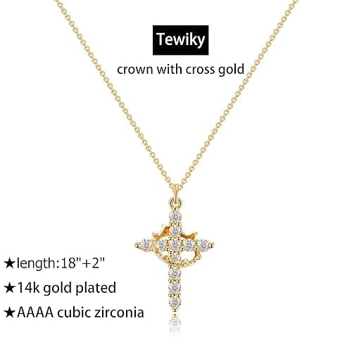 Tewiky Crown Cross Necklace for women-Dainty Sterling Silver/14k Gold Cubic Zirconia Pendant Necklaces Simple Gold Cross Pendant Necklace Cute Tiny Gold Jewelry thumbnail 2