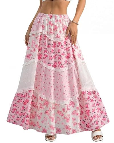 Cutecrop Women Patchwork Floral Maxi Skirt 2026 Summer Boho Flowy Long Skirt Casual Vacation Elastic Waist Tiered Ruffle Lace - Image 1