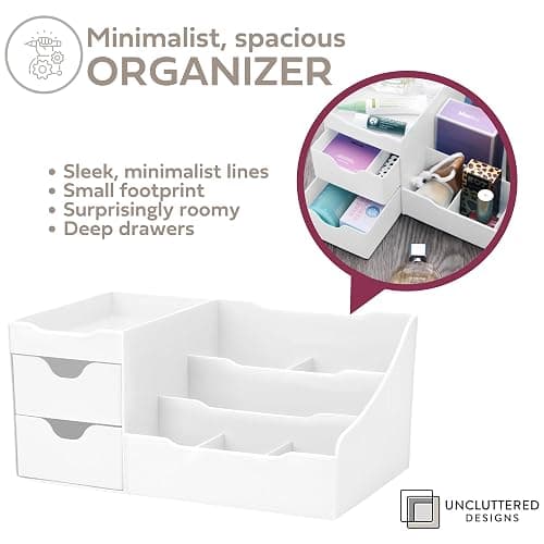 Uncluttered Designs Large Makeup Organizer for Vanity - Countertop Desk With Drawers for Cosmetic, Beauty, Hair, Nail, Perfume & Skincare - Perfect for Bathroom & Bedroom Storage (White) thumbnail 5
