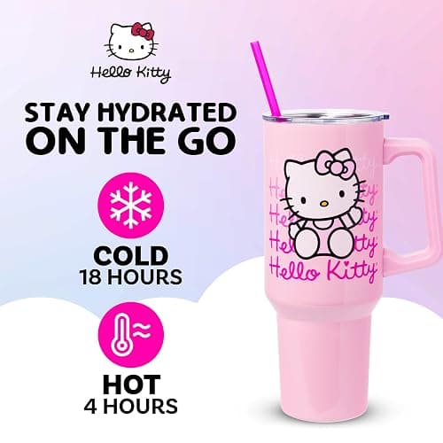 Silver Buffalo Sanrio Hello Kitty Waving, Stainless Steel Tumbler, 40oz | Double Walled, Includes Handle and Straw, Fits in Standard Cup Holder, Drinkware, Water Bottle, Pink, 1.18 Liters thumbnail 3