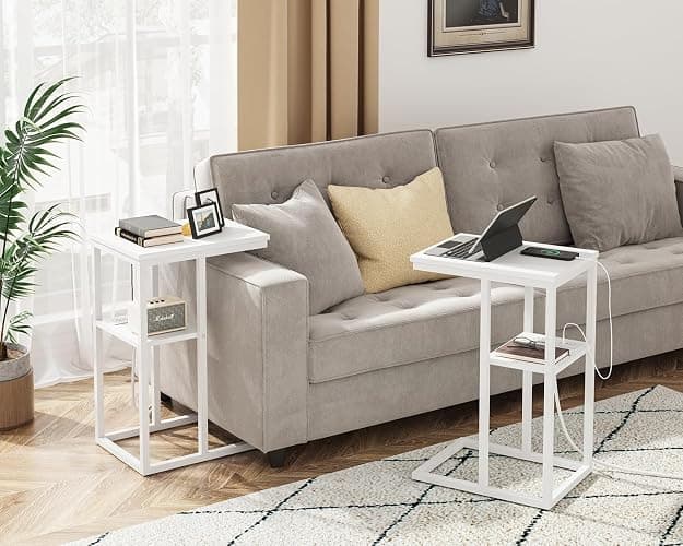 Vagusicc C Shaped End Table with Charging Station, Small Side Table for Couch, Snack Side Table with USB Ports and Outlets for Small Spaces, Slide Under Sofa Table TV Tray Arm C Table for Living Room thumbnail 2