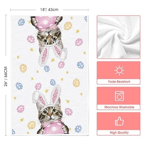 Artoid Mode Pink Rabbit Ears Cat Eggs Happy Easter Kitchen Towels Dish Towels, 18x26 Inch Spring Summer Holiday Decoration Hand Towels Set of 2 thumbnail 3