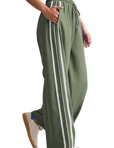 Yeokou Women's Wide Leg Sweatpants Side Stripe Crochet Slip on Drawstring Casual Running Track Palazzo Pants with Pockets thumbnail 2