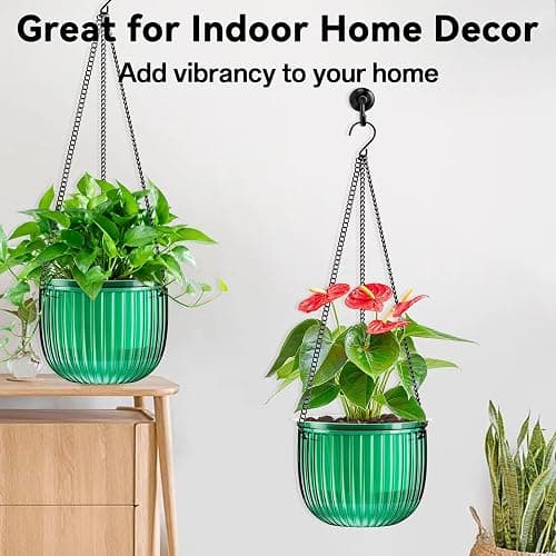 Halatool 2 Pack Self Watering Hanging Planters for Indoor Plants - 6.5 Inch Outdoor Hanging Flower Pots with 2 Metal Chains for Garden Home Wall Decor (Peacock Green) thumbnail 8