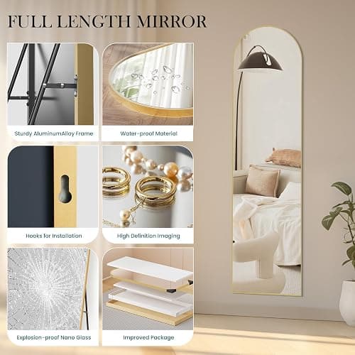NEWBULIG 59"x16" Arched Full Length Mirror, Full Body Floor Mirror, Gold | Aluminum Alloy Thin Frame, Wall or Standing Mirrors for Bedroom, Living Room, Dressing Room thumbnail 4