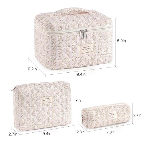 UUYUUY Makeup Bag for Women 3PCS Quilted Cotton Make Up Bag Travel Cosmetic Bag Large Makeup Bag Set Cute Makeups Organizer Floral Toiletry Pouch for Purse, Pink Floral C thumbnail 4