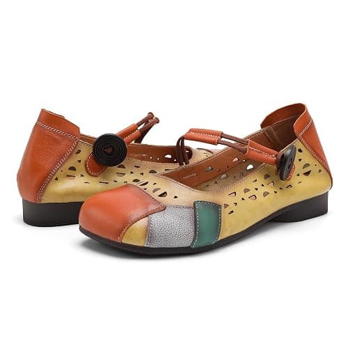 Drikler Women's Flat Shoes Retro Color Block Elastic Buckle Mary Jane Breathable Elegant Leather Walking Loafers thumbnail 5