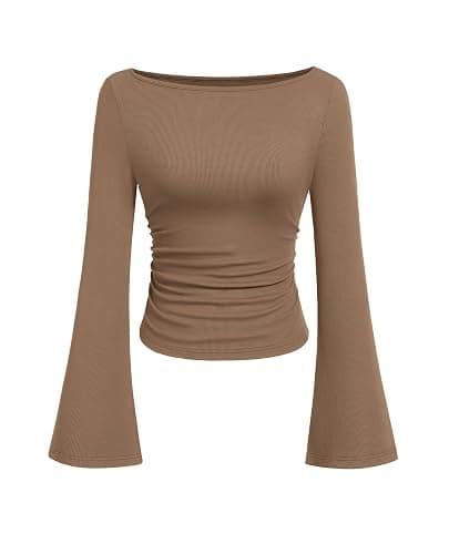 PRETTYGARDEN Womens Long Sleeve Shirts 2026 Spring Crop Going Out Tops Casual Boat Neck Bell Sleeve Ribbed Ruched Y2K Clothes - Image 1