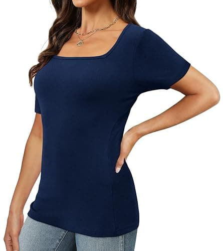 XIEERDUO Womens Square Neck Short/Long SleeveTops 2024 Spring Summer Slim Fit Tees Shirts thumbnail 2