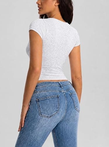Abonlen Womens Ribbed Crossover V Neck T Shirts Short Sleeve Fitted Crop Tops Y2k Tees Going Out Tops thumbnail 5