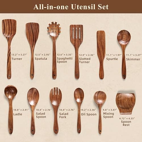Wooden Spoons for Cooking, 12 Pcs Teak Wood Kitchen Utensils Set with Spoon Rest - Nonstick Heat Resistant Wooden Cooking Utensils, Natural Healthy Spatula Set for Pots and Pans thumbnail 3