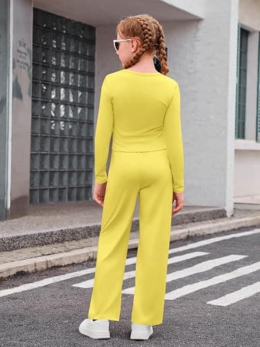 Haloumoning Girls 2 Piece Outfits Kids Ruched Long Sleeve Tops and Wide Leg Pants with Pockets Sweatsuit Clothing Sets thumbnail 5