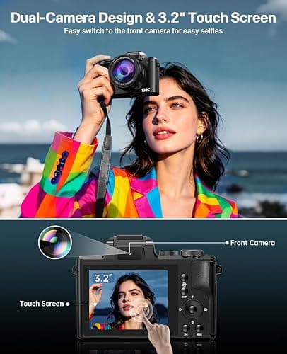 8K Digital Cameras for Photography, 2026 Autofocus 88MP WiFi Professional Photography Camera with Dual-Lens for YouTube, 16X Digital Zoom, TF Card, Lens Hood, Touch Screen,2 Batteries & Charging Stand thumbnail 4
