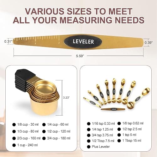16-Piece Stainless Steel Measuring Cups and Spoons Set, Strong Magnetic Nesting Design 7 Cups 8 Spoons with Leveler, Double Measurement Markings for Dry & Liquid Ingredients, Gold thumbnail 5
