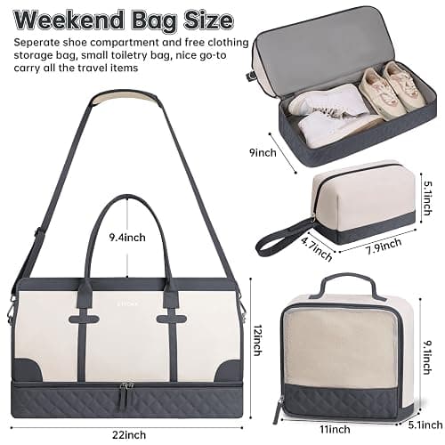 ETRONIK Weekender Overnight Bag for Women, Large Travel Duffle Bag with Shoe Compartment & Wet Pocket, Carry On Tote Bag Gym Duffel Bag with Toiletry Bag, 3 Pcs Set, Large Size, Dark Grey-Beige thumbnail 2