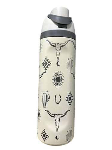 Stainless steel water bottle 40oz cup Longhorn Bottle Bull tumbler Cow gift Western water bottle cup (24oz Cream(90)-Longhorn(D35)) - Image 1