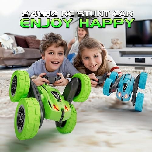 RacingFun Remote Control Car for 6-12 Year Old Double Sided 360°Rotating 4WD RC Cars with Headlights 2.4GHz Rechargeable Electric Stunt Race Car Toy for Boys Girls Birthday Gifts(Blue) thumbnail 3