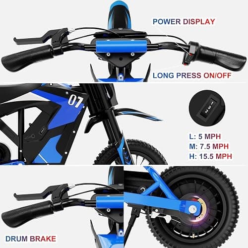 EVERCROSS EV12M Motocross Électrique pour Enfants, Moto Électrique avec Moteur 300W, Modes de Vitesse de 8/12/25 KMH, Autonomie de 15KM, Pneu Pneumatique de 12'', Adapté aux Enfants 3-12 Ans - Bleu - EV12M thumbnail 3