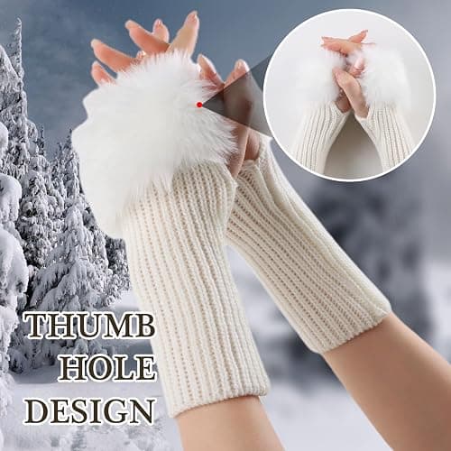 Lcaiualu Winter Women Fingerless Gloves Knitted Arm Warmers Hand Mittens ThumbHole Faux Fur Wrist Short Cuff for Women thumbnail 4