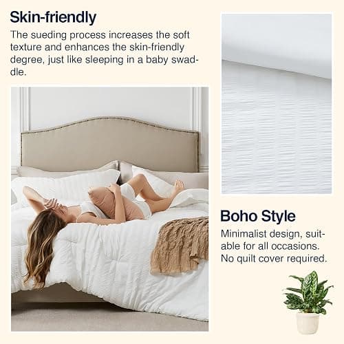 Quataly White Queen Comforter Set - 3 Pieces Seersucker Lightweight Bedding Comforter Sets (1 Soft Fluffy Comforter & 2 Pillowcases) - All Seasons Cozy Modern Bed Sets thumbnail 7