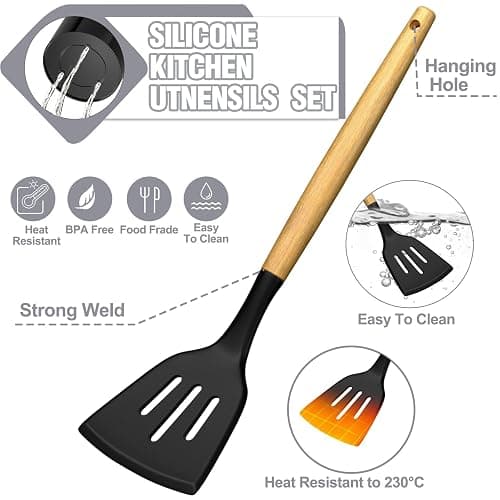 Kitchen Utensils Set- 34PCS Silicone Cooking Utensils with Holder, Umite Chef Heat Resistant Kitchen Utensil Spatula Set for Nonstick Cookware, Black Wooden Handles Kitchen Gadgets Tools Set thumbnail 7